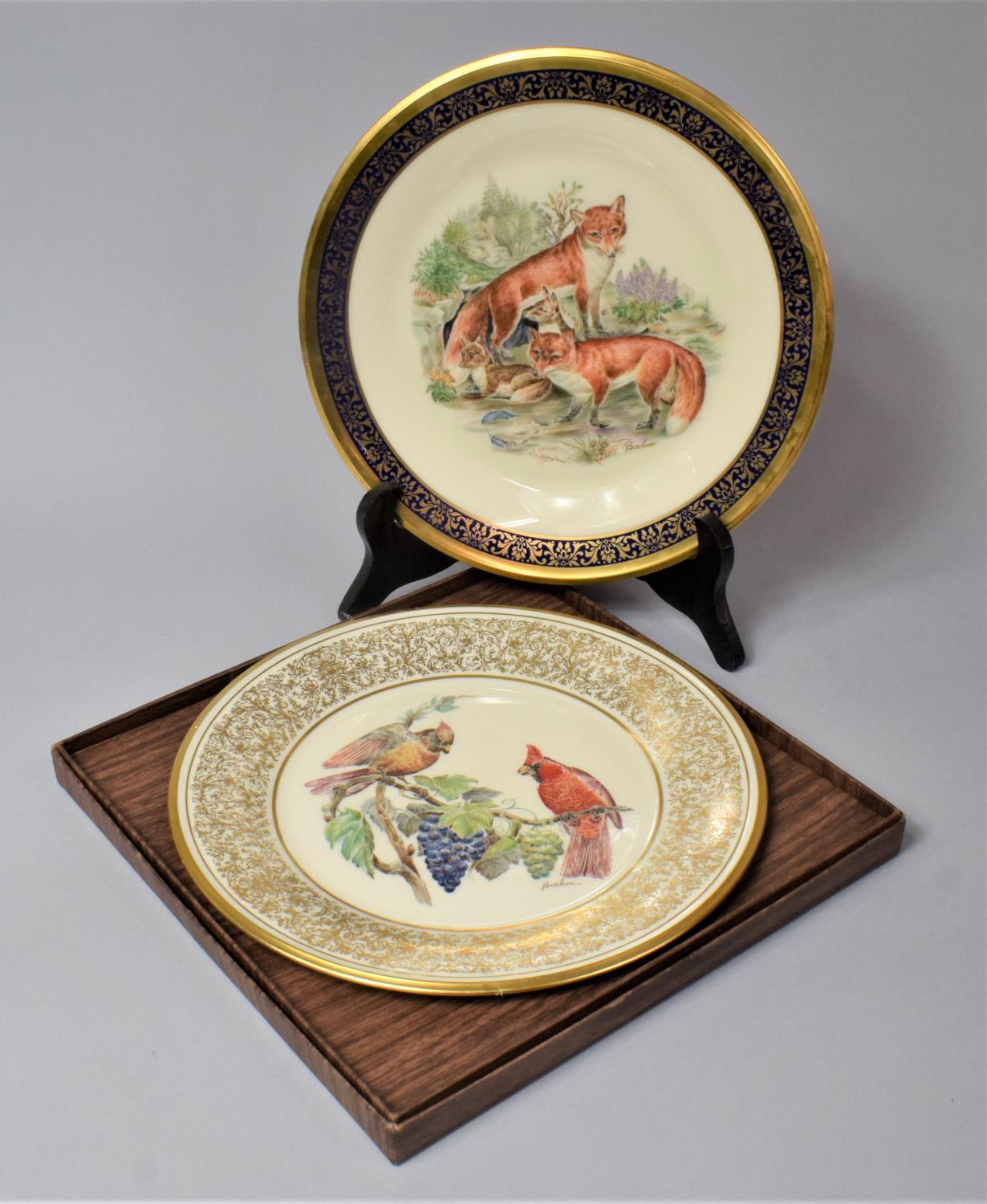 A Pair of Lenox Limited Edition Woodland Wildlife Plates, Red Foxes and Cardinal Birds, 27cm