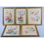 A Collection of Five Framed Chinese Paintings on Silk, Birds and Flowers, Signed and Sealed