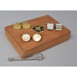 A Cigar Box Containing Three Pairs of Cufflinks and a Large White Metal Nappy Pin