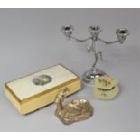 A Mid 20th Century Jewellery Box, Silver Plated Golfing Ashtray and three Branch Candelabra