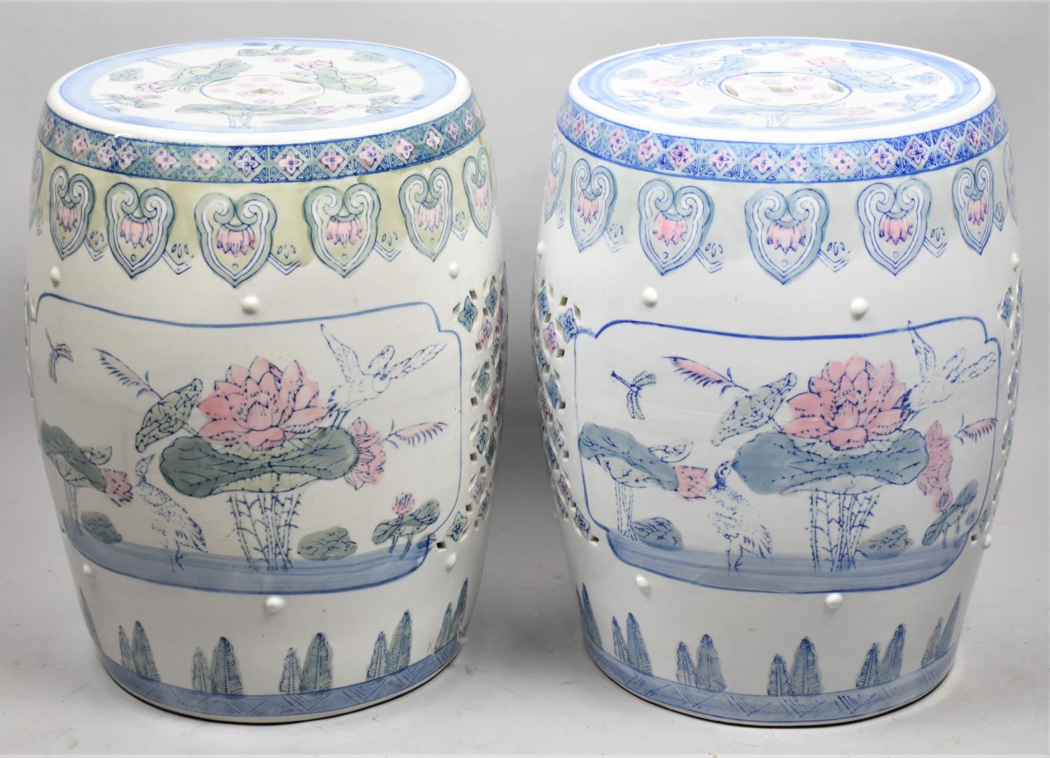 A Pair of Modern Oriental Ceramic Barrel Seats with Floral and Pierced Decoration, 33cm Diameter and