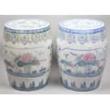 A Pair of Modern Oriental Ceramic Barrel Seats with Floral and Pierced Decoration, 33cm Diameter and