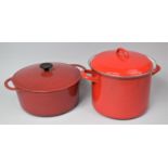Two Red Enamelled Cooking Pots, the Largest 28cm Diameter