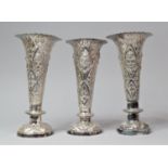 A Set of Three Indian Silver Trumpet Vases with Hand Hammered Repousse work, Depicting Namaste