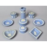 A Collection of Nine Pieces of Wedgwood Blue and White Jasperware to compromise Dishes, Lidded Pots,