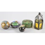 An Enamelled Pierced Brass Oriental Ovoid Lidded Box, Two Lacquered Papier Mache Boxes and a