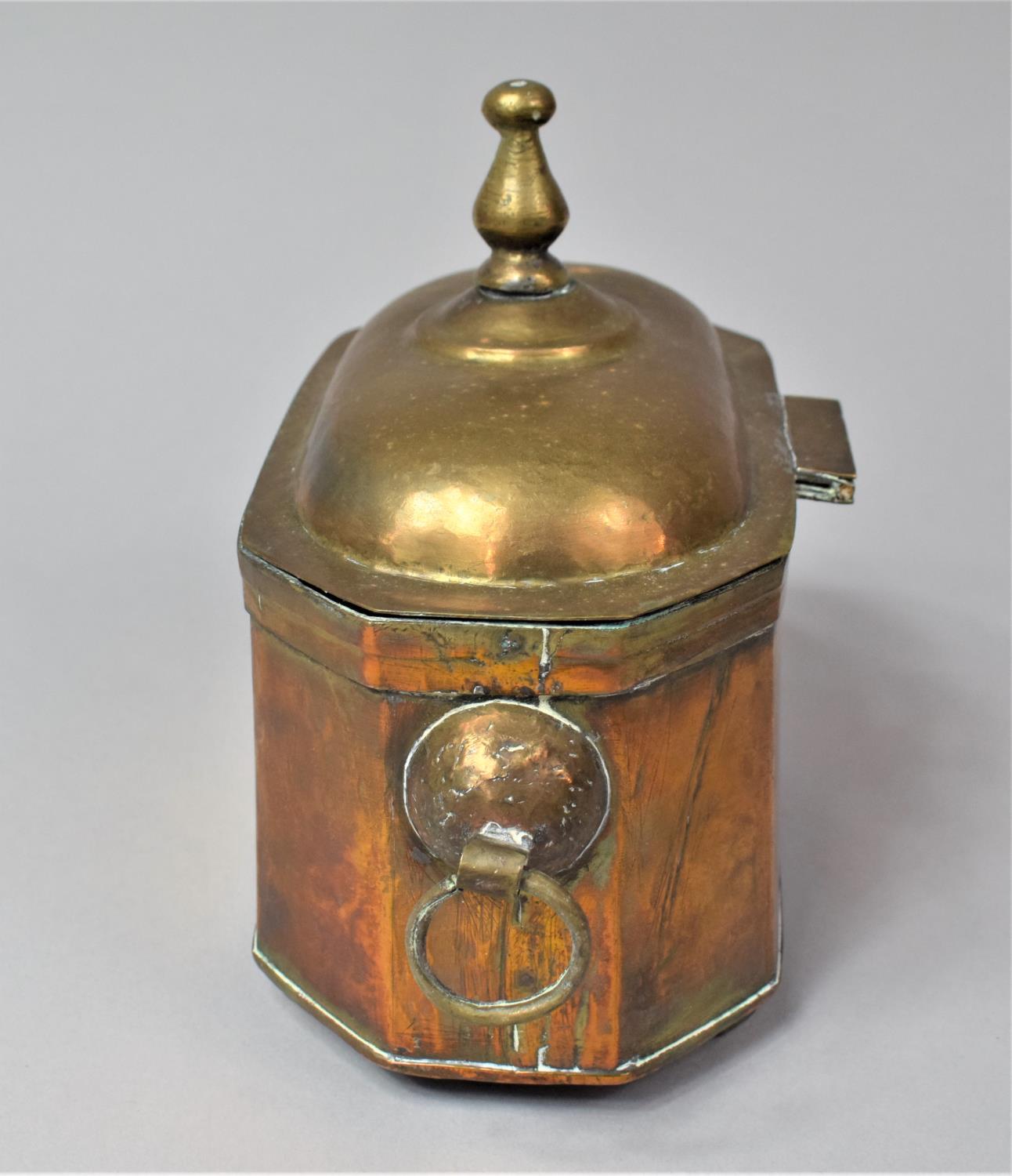 A Dutch Indonesian Colonial Brass Tea Caddy of Sarcophagus Form, with Two Ring Handles and Hinged - Image 6 of 8