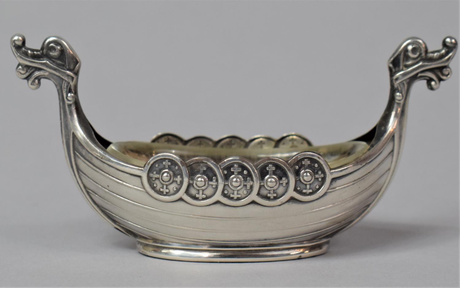 A Novelty Silver Salt, in Original Box by Tostrup, in the Form of a Viking Long Boat with Glass - Image 2 of 3