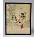 A Framed Japanese Embroidered Relief Picture Depicting Figures Passing Beneath Tree, 23x19cm