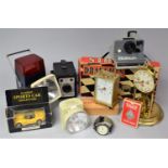 A Collection of Sundries to Include Two Torches, Polaroid and Box Cameras, Playing Cards,