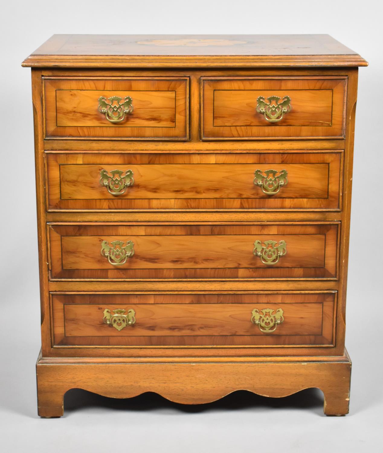 A Modern Crossbanded Yew Wood Miniature Chest of Two Short and Three Long Drawers, 63cm x 40cm x