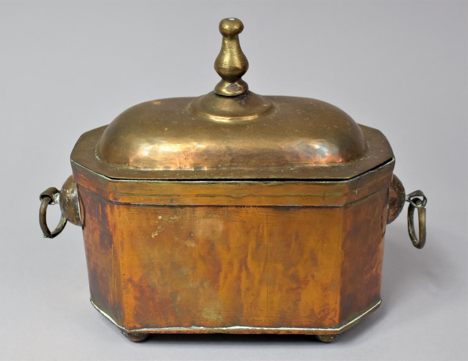 A Dutch Indonesian Colonial Brass Tea Caddy of Sarcophagus Form, with Two Ring Handles and Hinged - Image 2 of 8