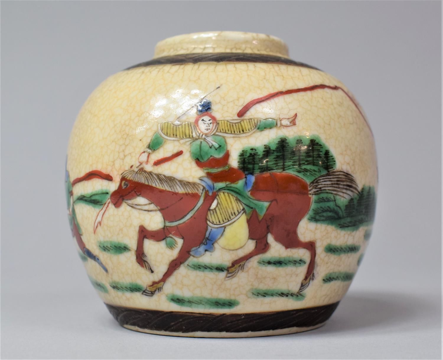 A Small Chinese Nanking Ginger Jar Decorated in Polychrome Enamels Depicting Battle Scenes, 10cm