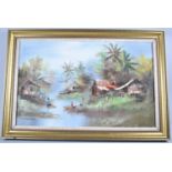 A Framed Far Eastern Oil on Canvas Depicting Jungle Village, Signed Pakdee, 55x43cm