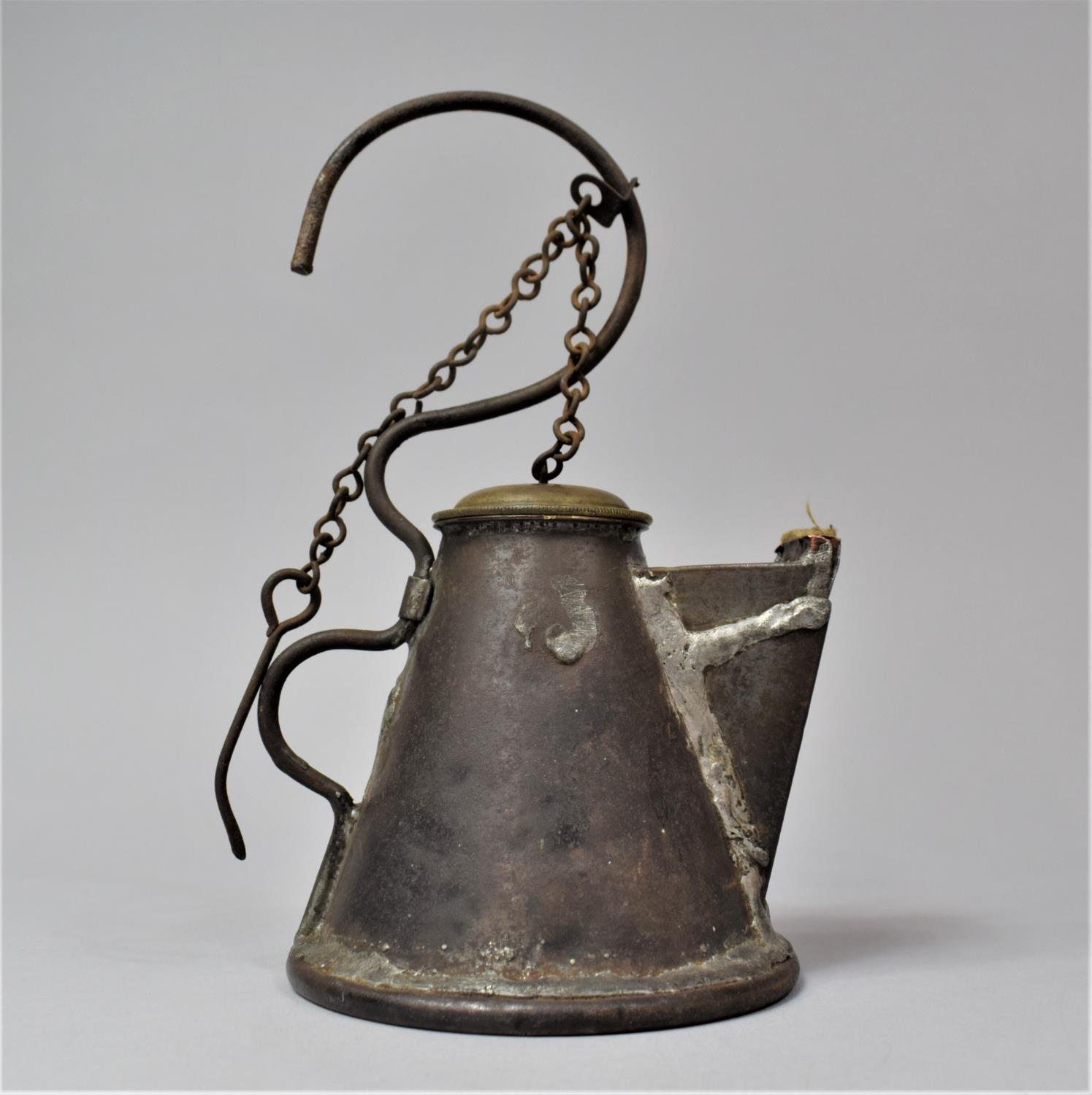 A Late 19th Century Scottish Miner's Coal Face Tallow Lamp of Teapot Form with Screw Off Lid, 21cm