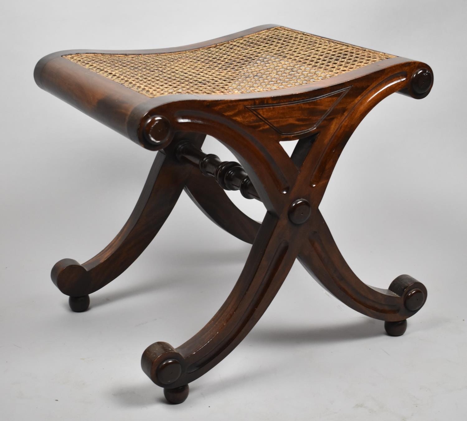 A Modern Mahogany Framed Cane Seated X Frame Stool, 48cm Wide