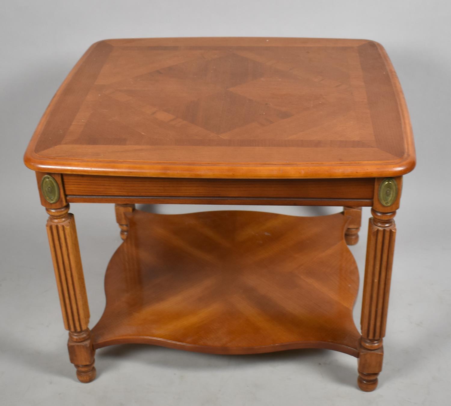 A Modern Inlaid Ormolu Mounted Square Coffee Table with Reeded Supports and Stretcher Shelf, 64cm