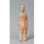 A Chinese Terracotta Tang Type Figure of Robed Gent with Traces of Original Polychrome Decoration,