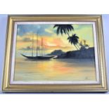 A Framed Oil on Canvas Depicting Three Masted Yacht at Sunset, 39x29cm
