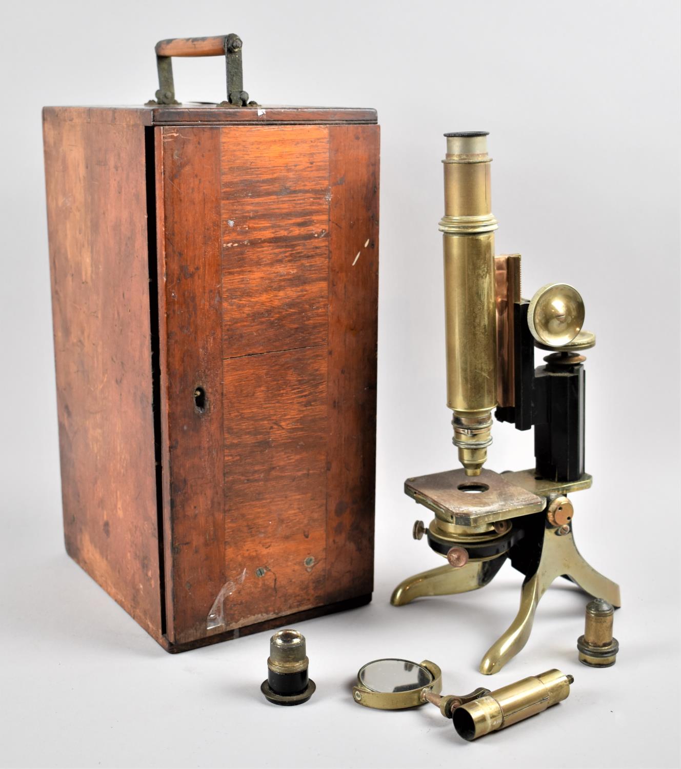 A Vintage Mahogany Cased Brass Microscope