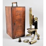 A Vintage Mahogany Cased Brass Microscope