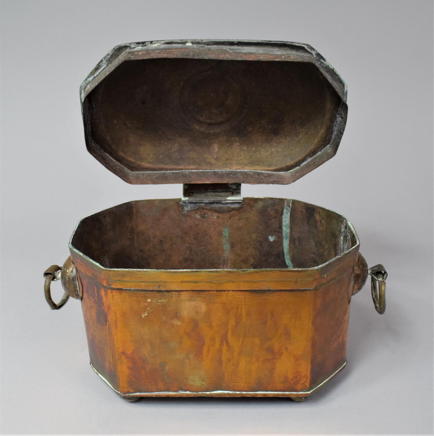 A Dutch Indonesian Colonial Brass Tea Caddy of Sarcophagus Form, with Two Ring Handles and Hinged - Image 7 of 8