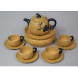 A Modern Yixing Two Tone Gourd Shaped Tea Set to Comprise Teapot, Pierced Stand and Four Cups and