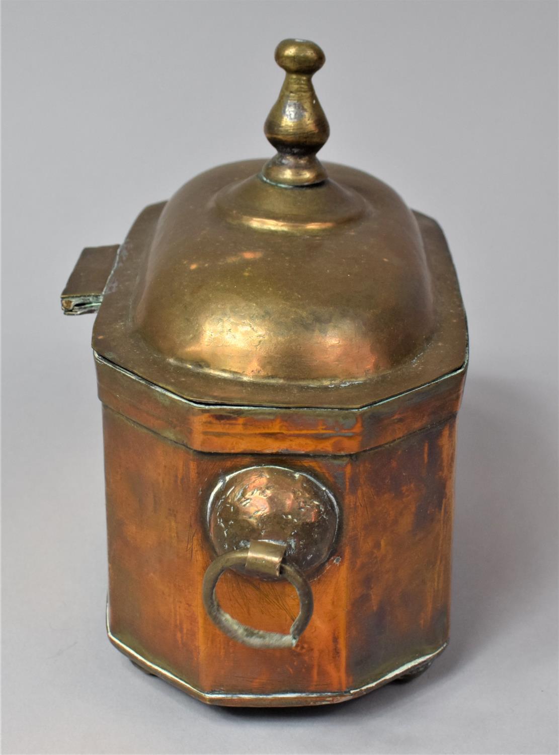 A Dutch Indonesian Colonial Brass Tea Caddy of Sarcophagus Form, with Two Ring Handles and Hinged - Image 4 of 8