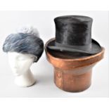 A Late 19th Century Leather Top Hat Box Containing Distressed Silk Top Hat and Together with Vintage