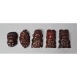 A Collection of Five Japanese Carved Masks of Noh, 10cm high