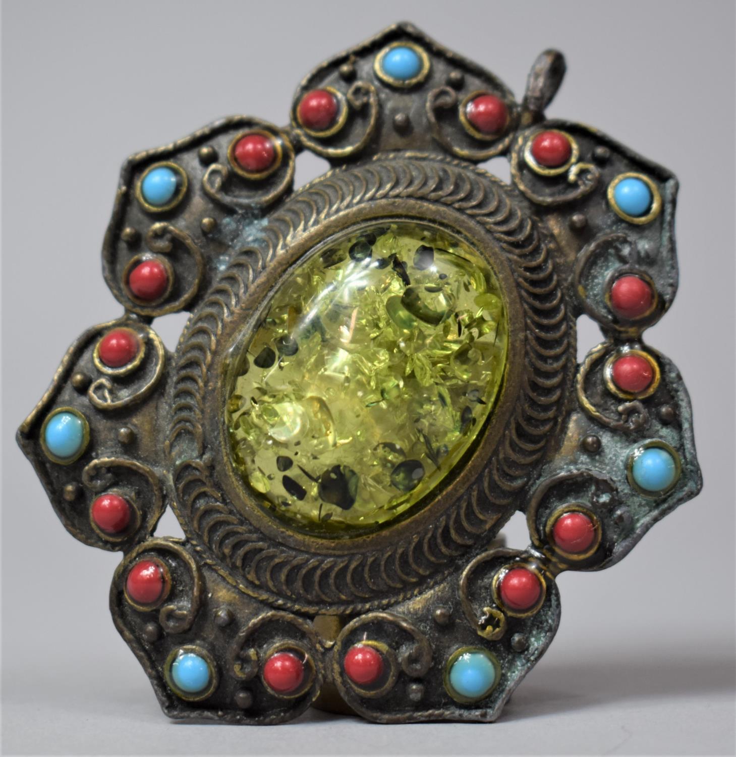 A Reproduction Chinese Pendant with Faux Green Amber Cabochon, 8cm high