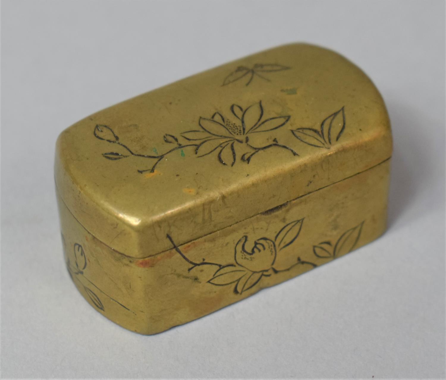 A Small Japanese Brass Box with Engraved Decoration, 4cm x 2.2cm x 2cm