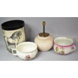 Two Transfer Printed Chamber Pots, Table Lamp and Waste Bin