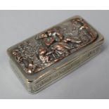 A French Silver Plated and Mixed Metal Rectangular Snuff, the Hinged Lid Decorated in Relief with