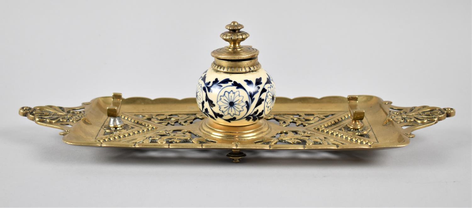 A Late 19th Century French Pierced Brass Desktop Inkstand, in the Form of a Two Handled Tray with