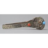 A Chinese White Metal Lion Mask Tongs with Coloured Cabochon, 15cm Long
