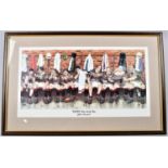 A Framed Rugby Print, "Nine Gentlemen (After the Storm)", 55x29cm