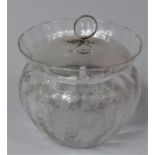 An Engraved Glass Preserve Pot with Silver Lid C.1920, 9.5cm Diameter