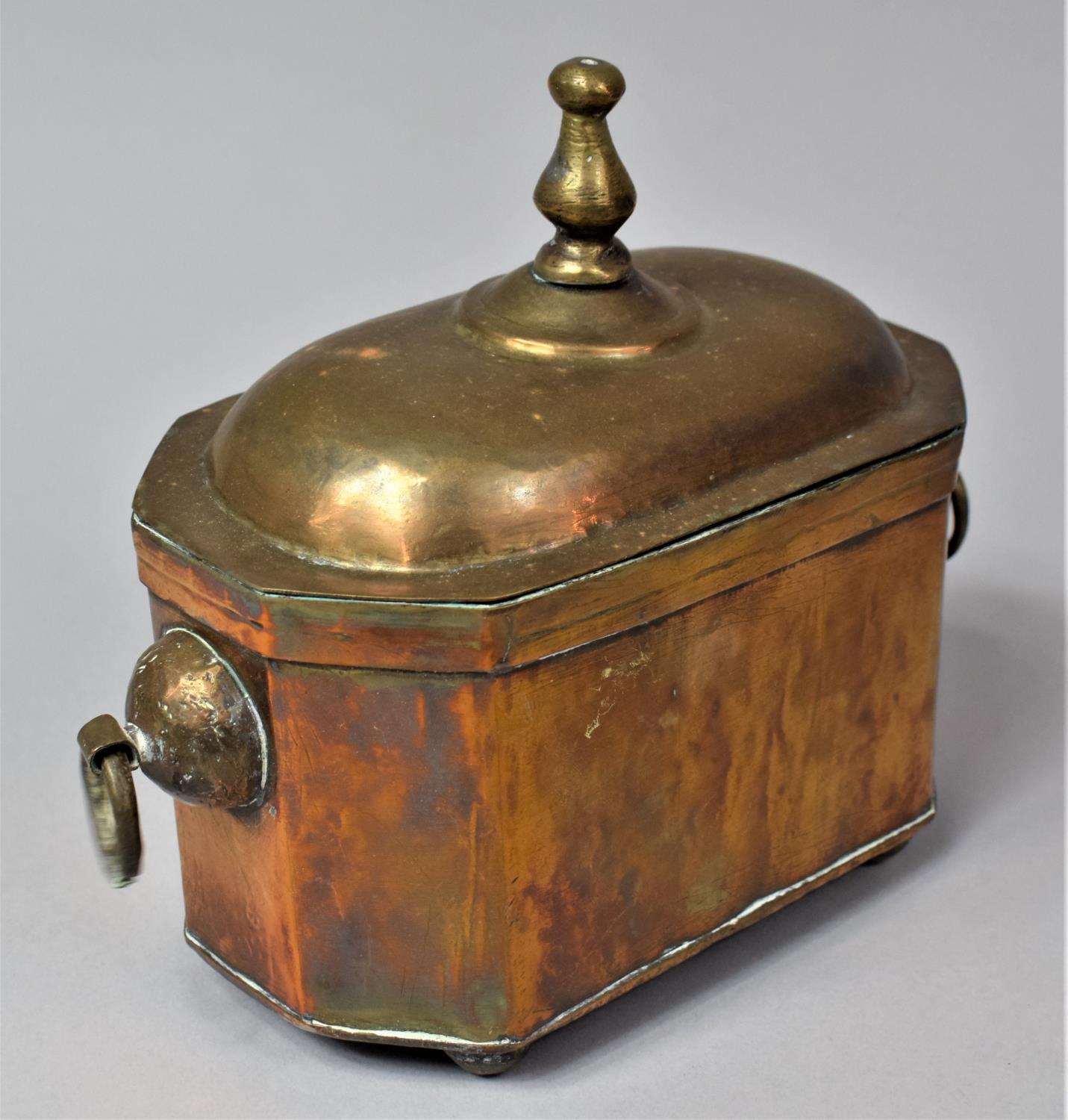 A Dutch Indonesian Colonial Brass Tea Caddy of Sarcophagus Form, with Two Ring Handles and Hinged - Image 3 of 8