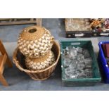 A Collection of Various Wine and Brandy Glasses, Two Ceiling Shades and a Wicker Basket