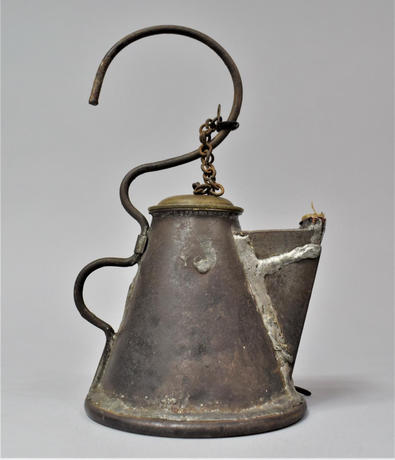 A Late 19th Century Scottish Miner's Coal Face Tallow Lamp of Teapot Form with Screw Off Lid, 21cm - Image 4 of 7