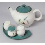 A Denby Greenwheat Teapot Three Piece Cruet Set