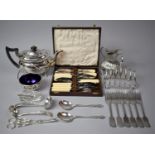 A Collection of Various Silver Plated Items to comprise Teapot, Toast Rack, Jug, Various Cutlery