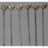 A Set of Six Silver Cocktail Sticks with Cockerel Terminals, 7.5cm Long