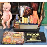 A Box Containing Various Vintage Toys, Games and a Large Plastic Doll