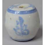A Chinese Terracotta Blue and White Glazed Incense Stick Holder of Barrel Form, 5cm high