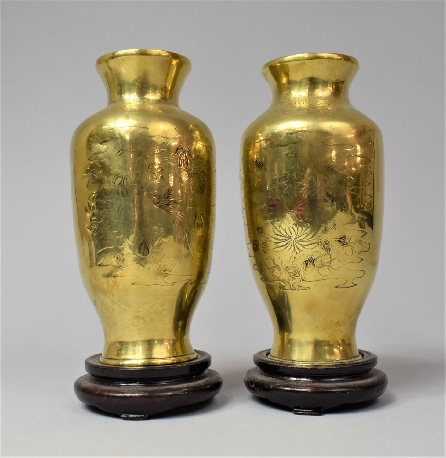A Pair of Early Chinese Bronze Vases Decorated with Chrysanthemums and Birds and Butterflies Among