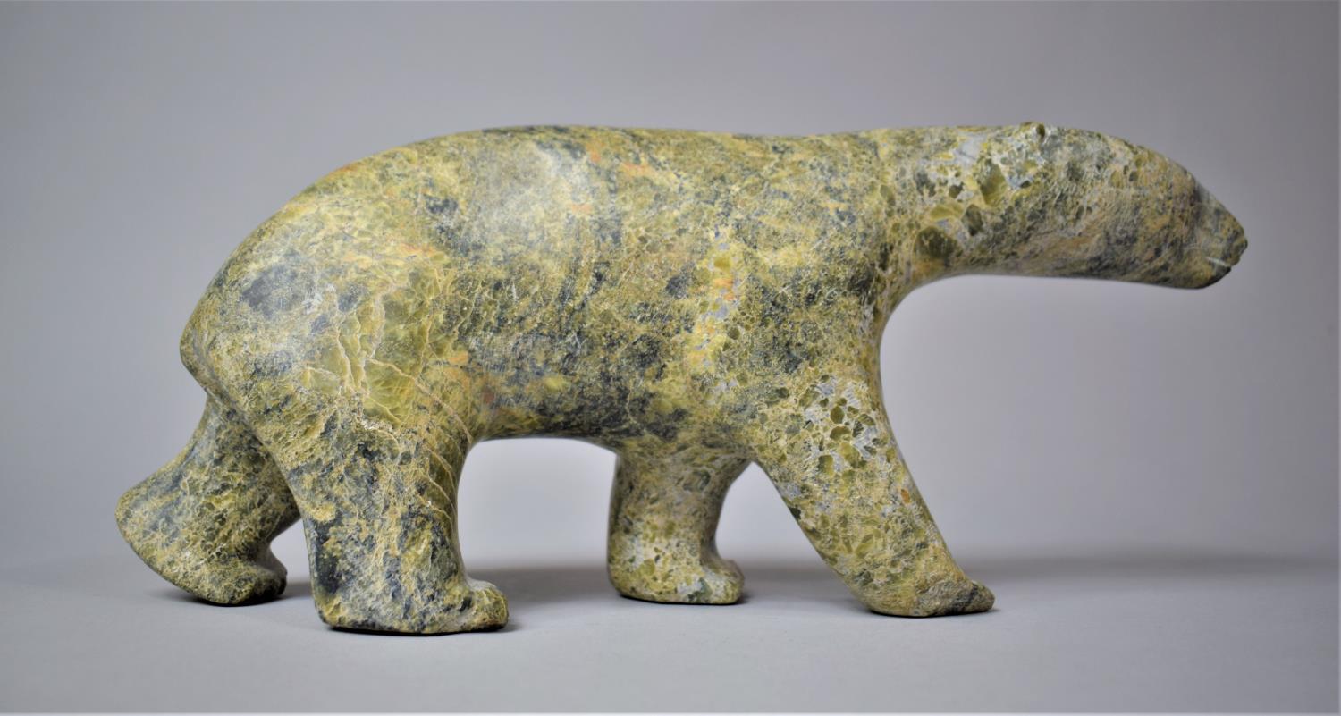 A Large Carved Green Stone Inuk Carving of a Walking Polar Bear,32cm Long - Image 2 of 2