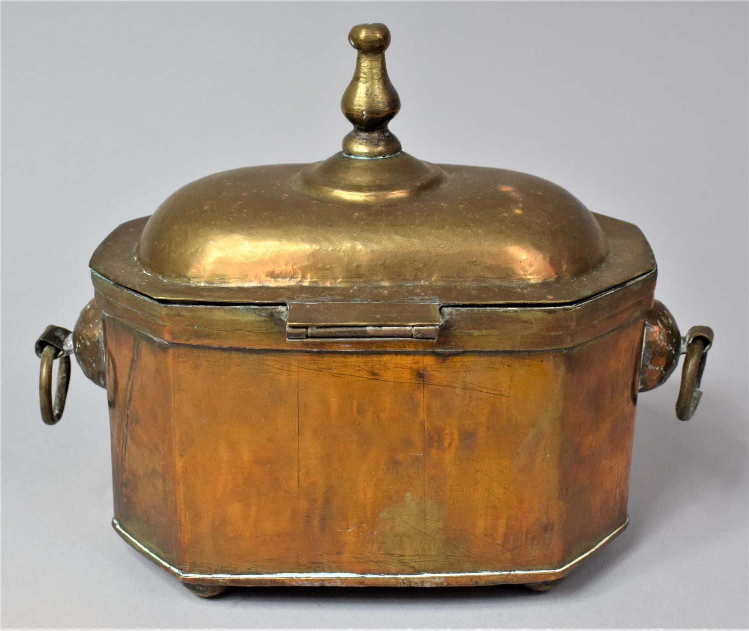 A Dutch Indonesian Colonial Brass Tea Caddy of Sarcophagus Form, with Two Ring Handles and Hinged - Image 5 of 8
