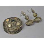 An Indian White Metal circular Lidded Box with Cabochon Stones and Pair of Heavy White Metal